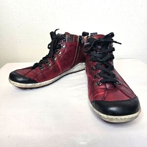 [REIKER-REMONTE] TEX LEATHER ANKLE BOOTS BURGANDY ZIPPER/LACES LAMBS WOOL W10